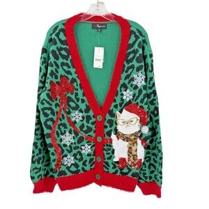 NEW 33 Degrees Women's XXL Green Red Cat Lover Ugly Christmas Sweater Party